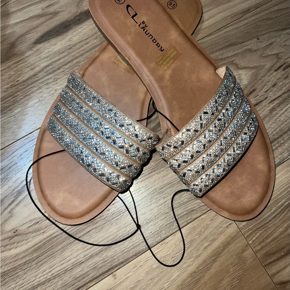 CL by Laundry Tan Slide Sandals with Silver Crystal Straps